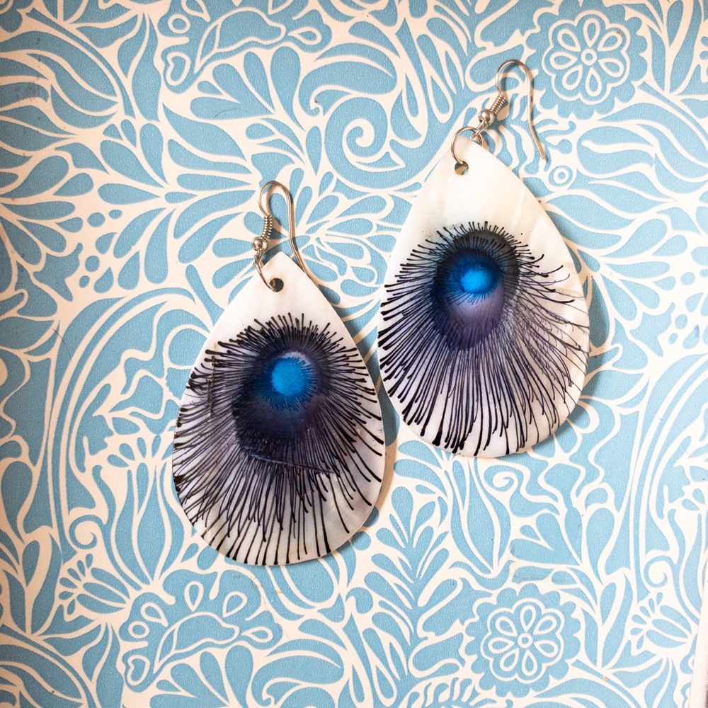Boho earrings - peacock feather painted on shell